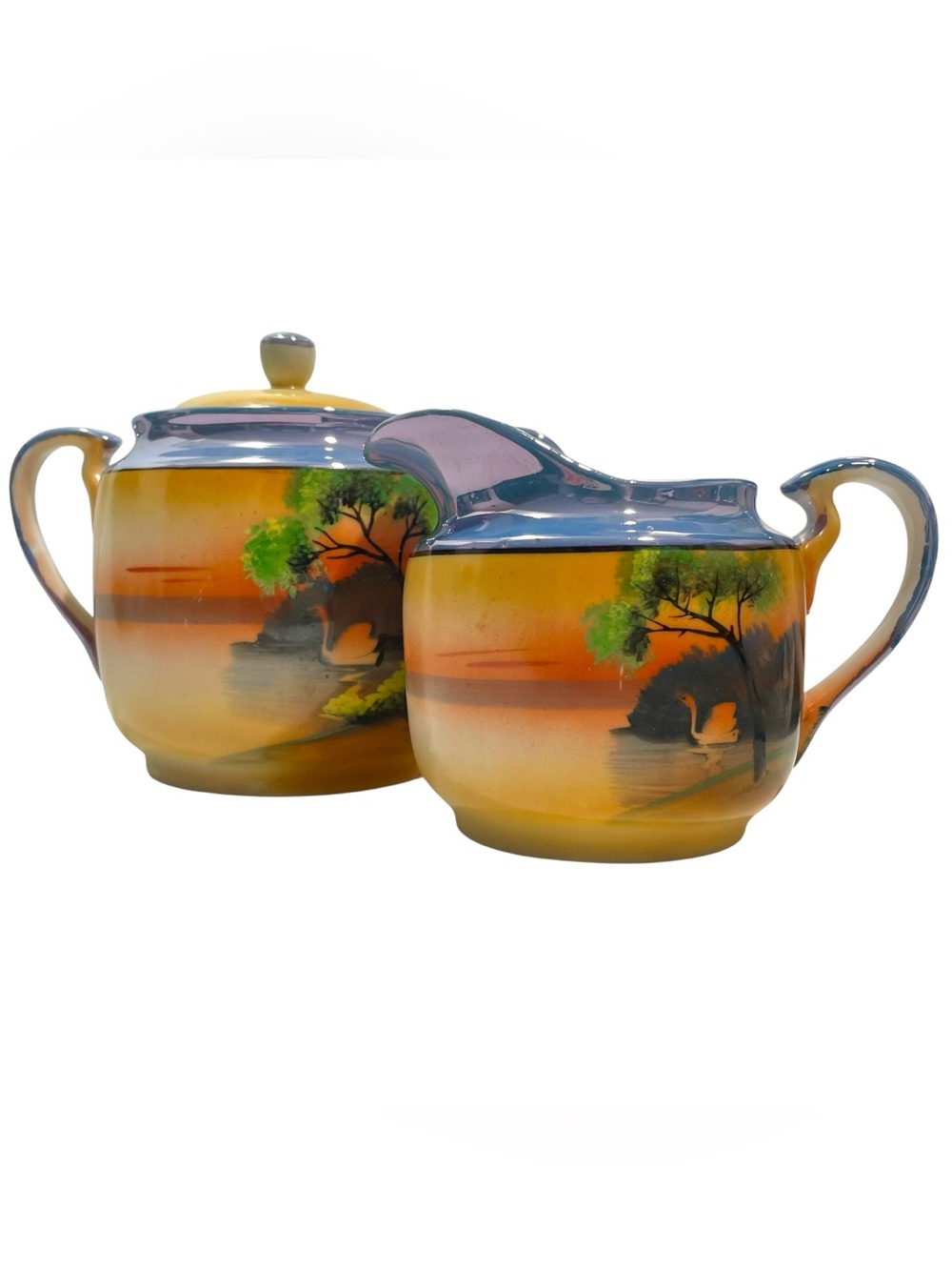 Vintage 1930s Chikaramachi Hand Painted Porcelain Sugar and Creamer Swan Japan